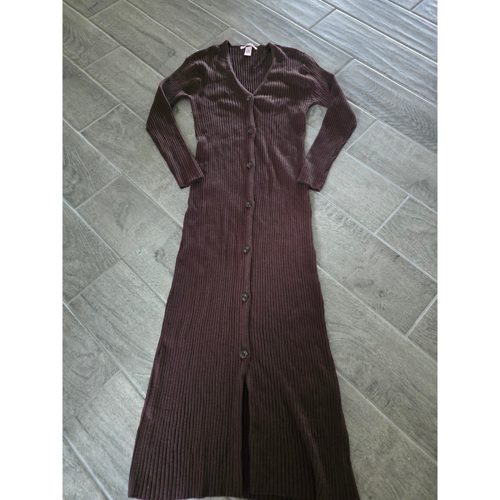 Victoria's Secret Brown Ribbed Knit Button Front Midi Cardigan Dress Medium Wool